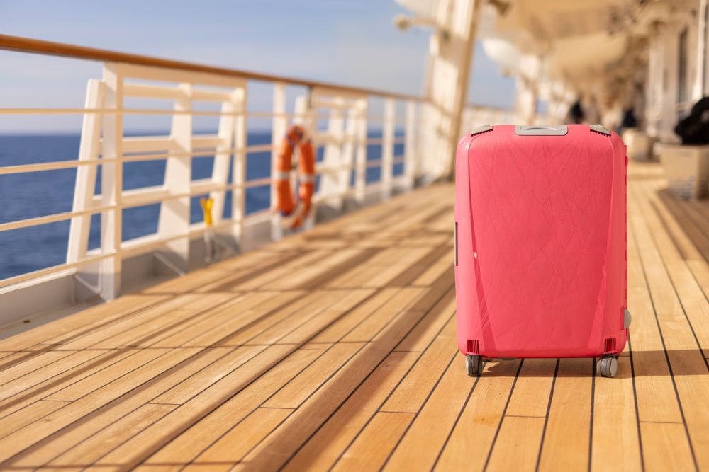 GettyImages-2149725870 A pink suitcase sitting on top of a wooden deck.