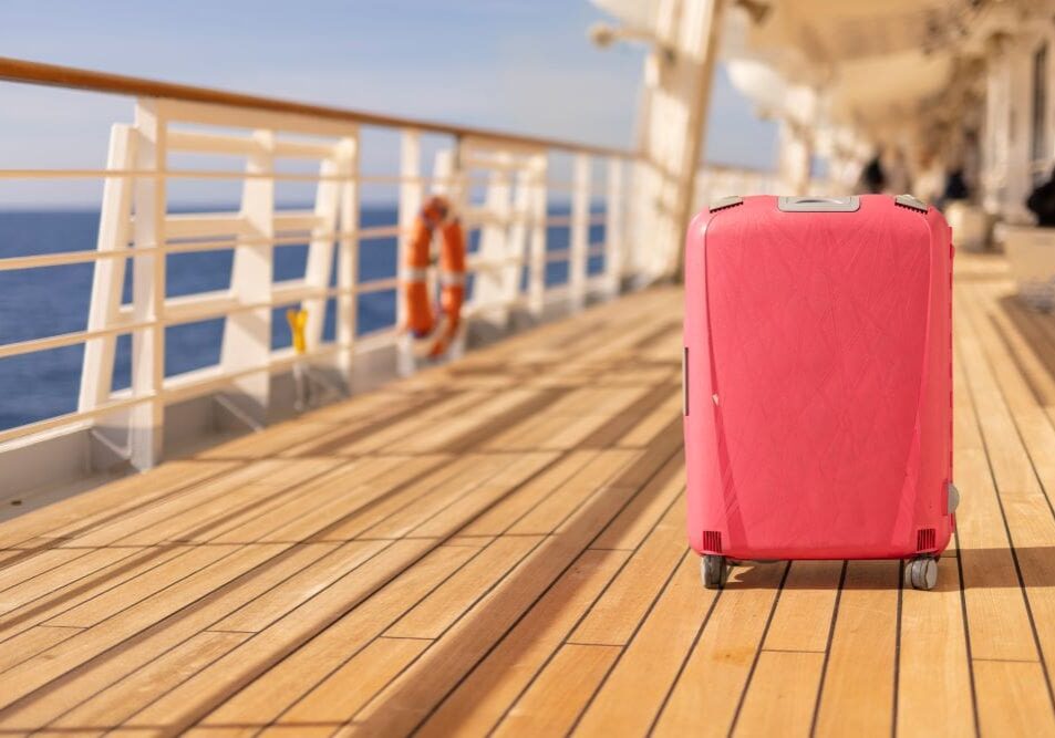 GettyImages-2149725870 A pink suitcase sitting on top of a wooden deck.